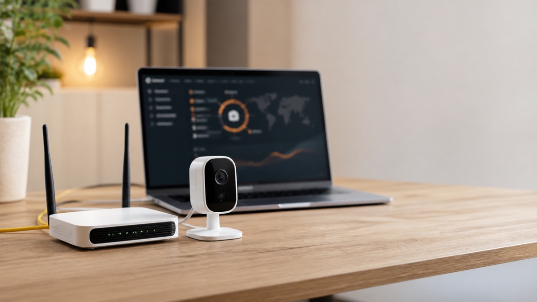 Router Wi-Fi i kamera IP podczas bezpiecznej konfiguracji domowej sieci