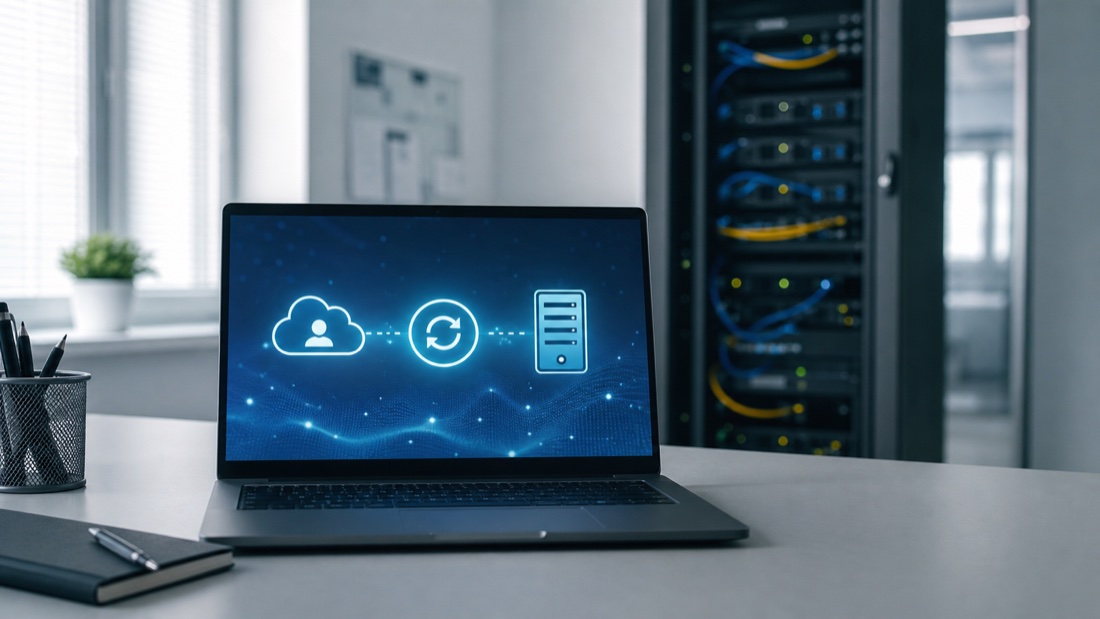 Laptop i szafa sieciowa ilustrujące synchronizację tożsamości między Active Directory a Microsoft Entra ID