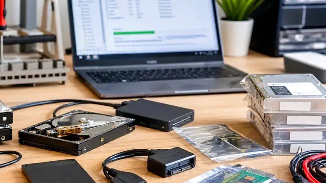 Dysk zewnętrzny i laptop używane do kopii zapasowej danych