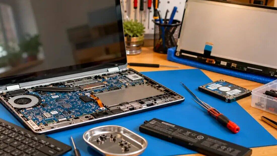 Laptop na stole serwisowym przed decyzją o naprawie