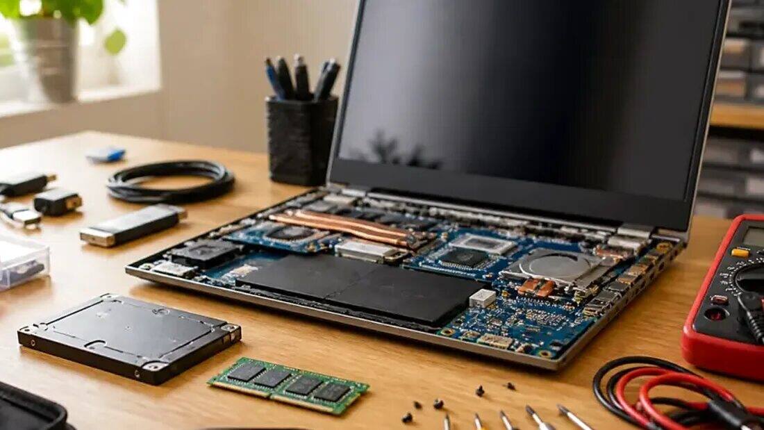Laptop z pocztą firmową i telefonem na biurku małej firmy