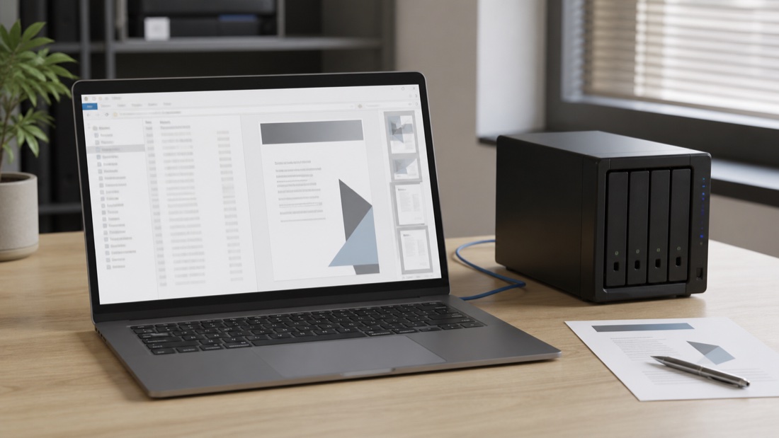 Laptop z podglądem dokumentu PDF oraz serwer NAS na zaufanym udziale sieciowym