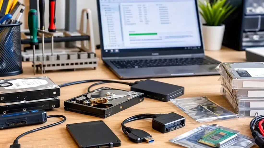 Dyski i laptop podczas przenoszenia danych na nowy komputer