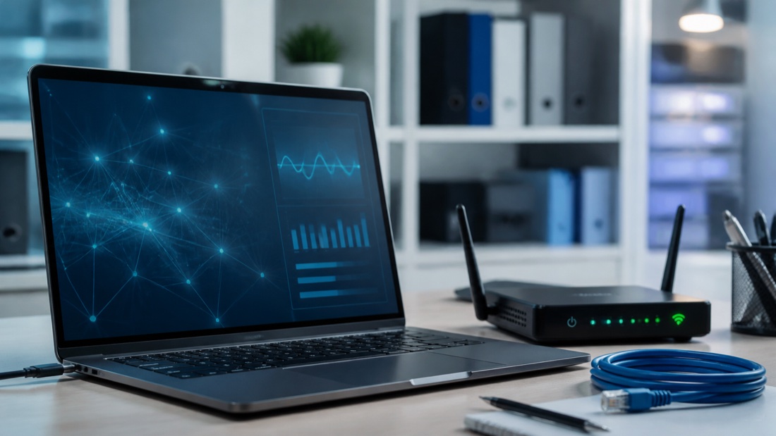 Laptop, router Wi-Fi i kabel Ethernet podczas diagnostyki problemu sieciowego w Windows 11
