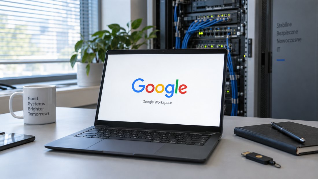 Laptop z logo Google na biurku administratora, w tle szafa sieciowa