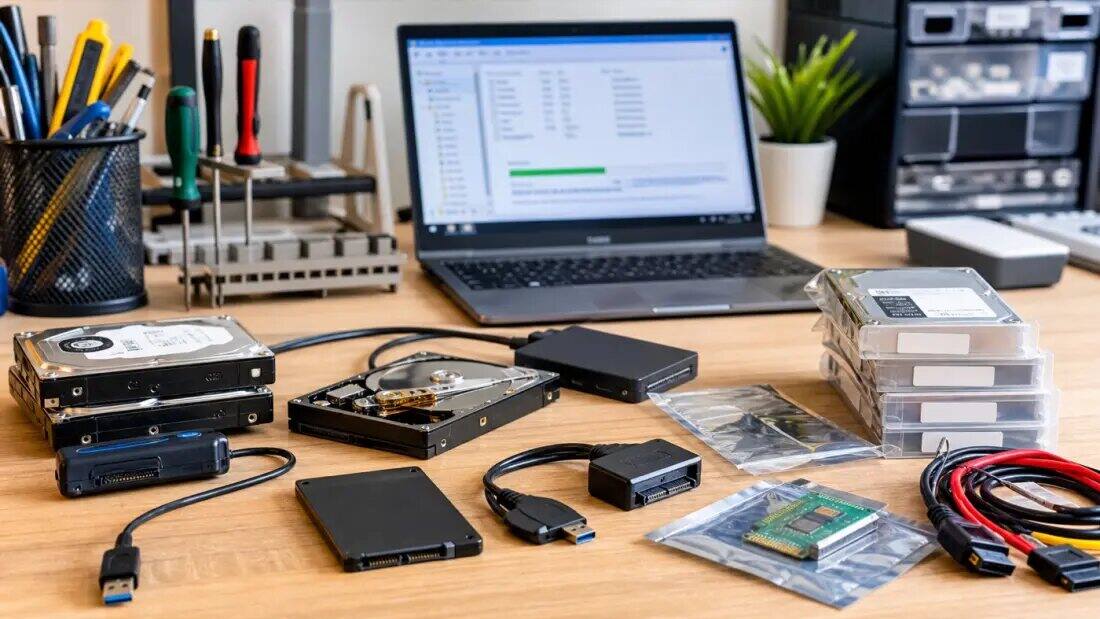 Odzyskiwanie danych Poznań - dyski twarde, nośniki i laptop na stole serwisowym